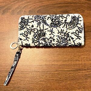 Vintage Beaded Iridescent Zippered Wallet Strapped Clutch Purse Glam